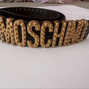 Rare Moschino Metallic Leather Gold Studded Logo Belt Made In Italy